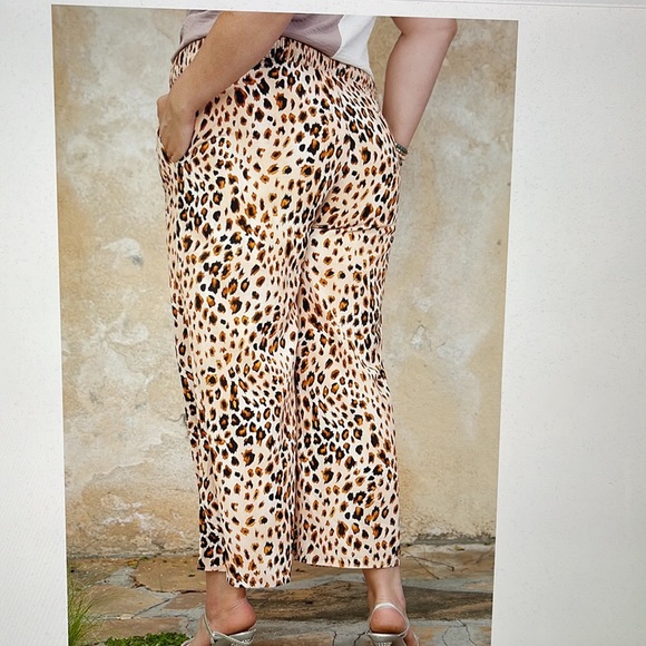 Leopard Print Smock Waist Wide Leg Flowy Pants w/ Pockets Tan Brown Black 2XL - Picture 5 of 5